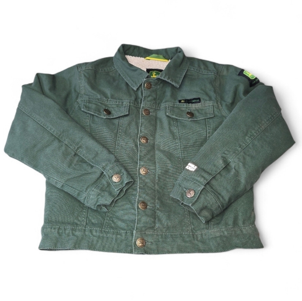 John Deere Kids Green Canvas Trucker Jacket Fleece Lined Size 8